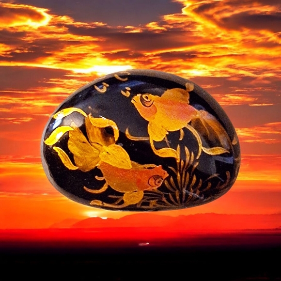 OOAK! Hand Painted Koi Fish On Polished Semiprecious Onyx Stone!